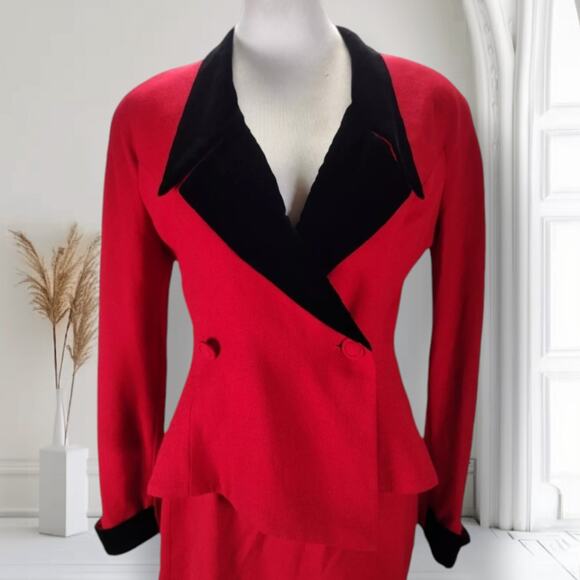 Vintage Bicci Florine Wachter Red Wool Power Suit 10 Jacket Skirt 80s Velvet - Picture 2 of 16